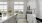 a kitchen with a large window