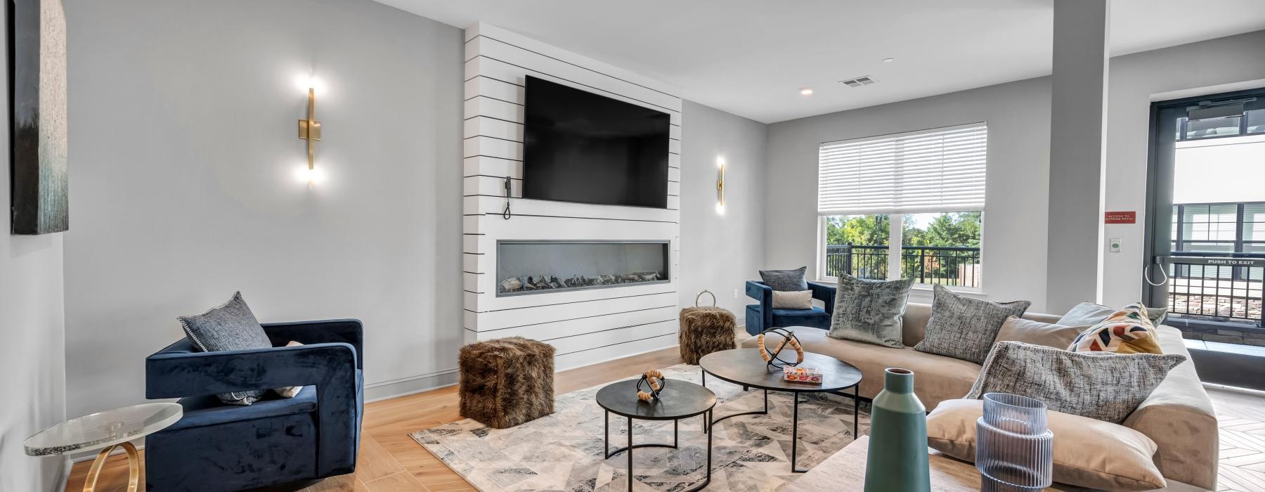 a living room with a fireplace